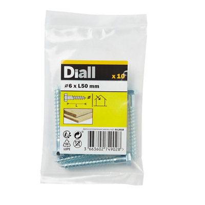 Diall Hex Zinc-Plated Carbon Steel Coach Screw (Dia)6Mm (L)50Mm, Pack Of 10
