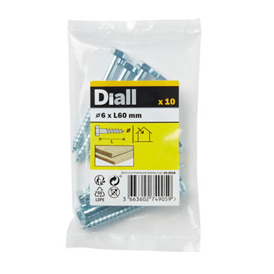 Diall Hex Zinc-Plated Carbon Steel Coach Screw (Dia)6Mm (L)60Mm, Pack Of 10