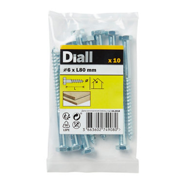 Diall Hex Zinc-Plated Carbon Steel Coach Screw (Dia)6Mm (L)80Mm, Pack Of 10