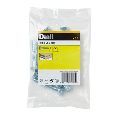 Diall Hex Zinc-Plated Carbon Steel Coach Screw (Dia)8Mm (L)50Mm, Pack Of 10