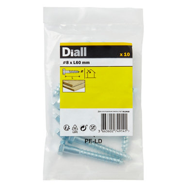 Diall Hex Zinc-Plated Carbon Steel Coach Screw (Dia)8Mm (L)60Mm, Pack Of 10
