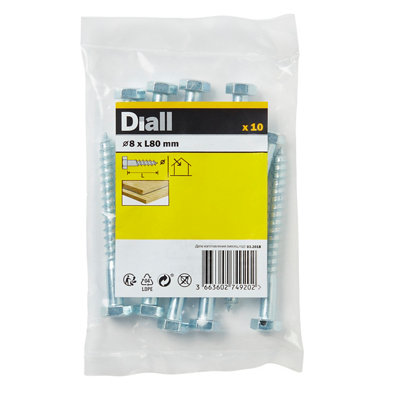 Diall Hex Zinc-Plated Carbon Steel Coach Screw (Dia)8Mm (L)80Mm, Pack Of 10
