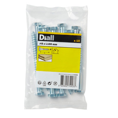 Diall Hex Zinc-Plated Carbon Steel Coach Screw (Dia)8Mm (L)100Mm, Pack Of 10