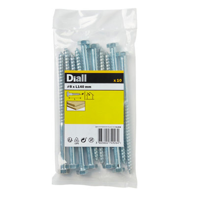 Diall Hex Zinc-Plated Carbon Steel Coach Screw (Dia)8Mm (L)140Mm, Pack Of 10