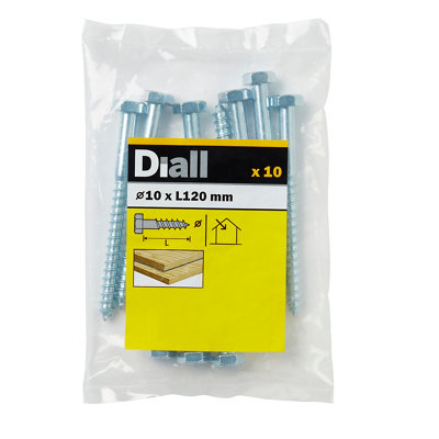 Diall Hex Zinc-Plated Carbon Steel Coach Screw (Dia)10Mm (L)120Mm, Pack Of 10