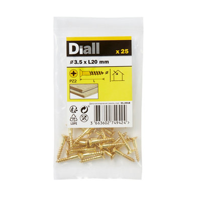 Diall Pozidriv Countersunk Brass Wood Screw (Dia)3.5Mm, Pack Of 25