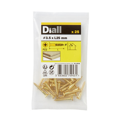 Diall Pozidriv Double-Countersunk Brass Wood Screw (Dia)3.5Mm, Pack Of 25