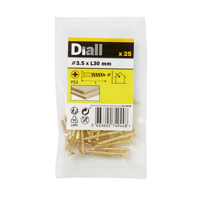 Diall Pozidriv Countersunk Brass Wood Screw (Dia)3.5Mm, Pack Of 25