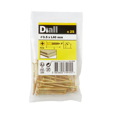 Diall Pozidriv Double-Countersunk Brass Wood Screw (Dia)3.5Mm, Pack Of 25