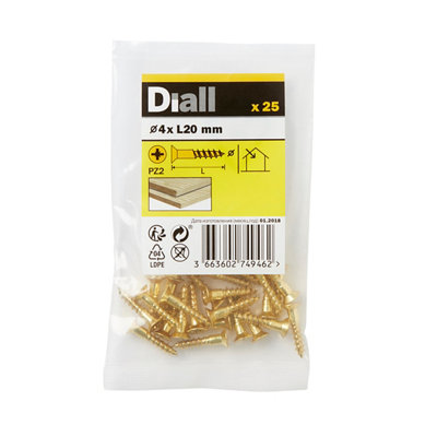 Diall Pozidriv Countersunk Brass Wood Screw (Dia)4Mm, Pack Of 25