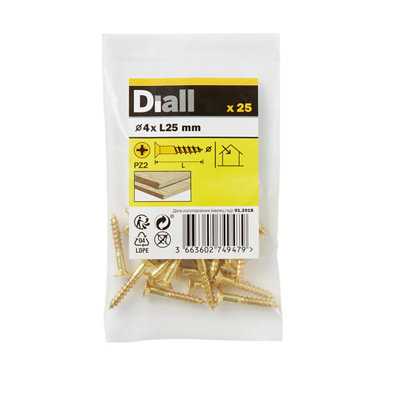 Diall Pozidriv Countersunk Brass Wood Screw (Dia)4Mm, Pack Of 25