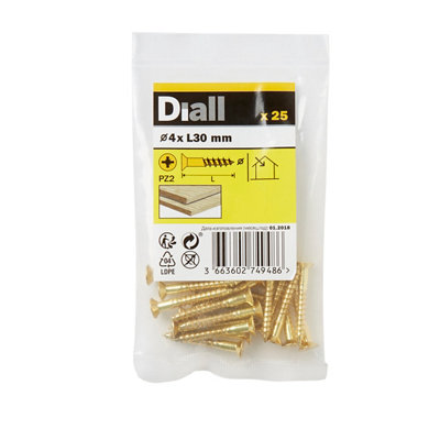 Diall Pozidriv Countersunk Brass Wood Screw (Dia)4Mm, Pack Of 25