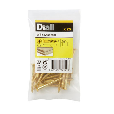 Diall Pozidriv Double-Countersunk Brass Wood Screw (Dia)4Mm, Pack Of 25