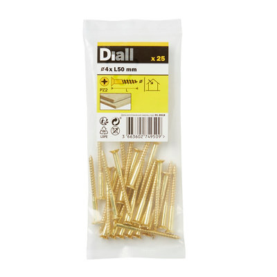 Diall Pozidriv Countersunk Brass Wood Screw (Dia)4Mm, Pack Of 25