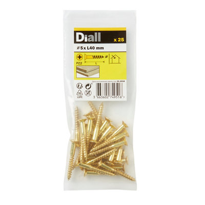 Diall Pozidriv Double-Countersunk Brass Wood Screw (Dia)5Mm, Pack Of 25