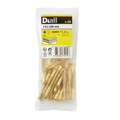 Diall Pozidriv Countersunk Brass Wood Screw (Dia)5Mm, Pack Of 25