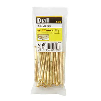 Diall Pozidriv Countersunk Brass Wood Screw (Dia)5Mm, Pack Of 25