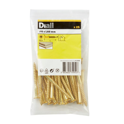 Diall Pozidriv Double-Countersunk Brass Wood Screw (Dia)6Mm, Pack Of 25