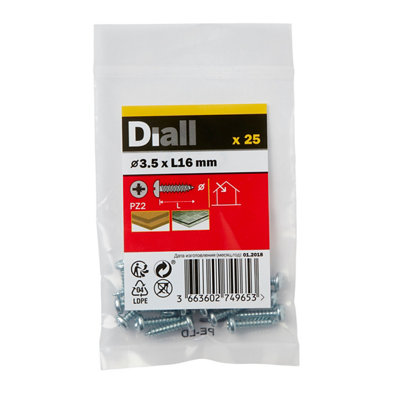 Diall Pz Pan Head Zinc-Plated Hardened Steel Self-Drilling Screw (Dia)3.5Mm (L)16Mm, Pack Of 25