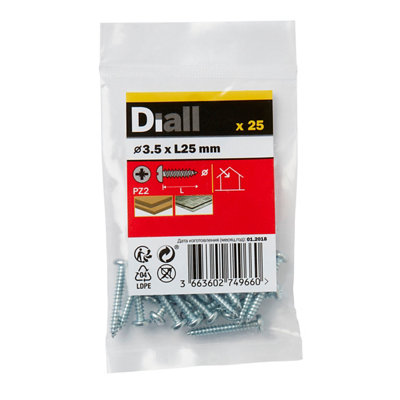 Diall Pozidriv Pan Head Zinc-Plated Carbon Steel Screw (Dia)3.5Mm, Pack Of 25