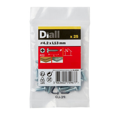 Diall Pozidriv Pan Head Zinc-Plated Carbon Steel Screw (Dia)4.2Mm, Pack Of 25