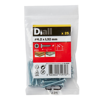 Diall Pz Pan Head Zinc-Plated Hardened Steel Self-Drilling Screw (Dia)4.2Mm (L)32Mm, Pack Of 25
