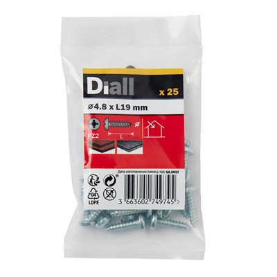 Diall Pz Pan Head Zinc-Plated Hardened Steel Self-Drilling Screw (Dia)4.8Mm (L)19Mm, Pack Of 25