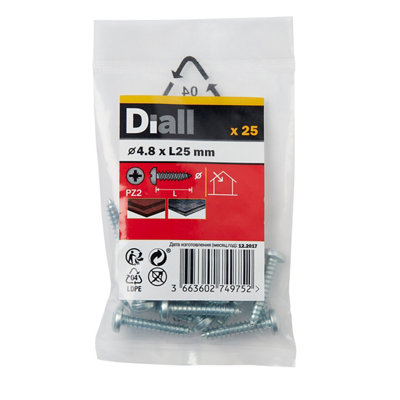 Diall Pz Pan Head Zinc-Plated Hardened Steel Self-Drilling Screw (Dia)4.8Mm (L)25Mm, Pack Of 25