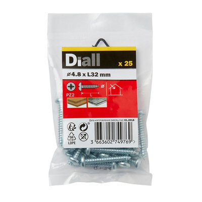 Diall Pz Pan Head Zinc-Plated Hardened Steel Self-Drilling Screw (Dia)4.8Mm (L)32Mm, Pack Of 25