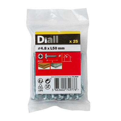 Diall Pz Pan Head Zinc-Plated Hardened Steel Self-Drilling Screw (Dia)4.8Mm (L)50Mm, Pack Of 25