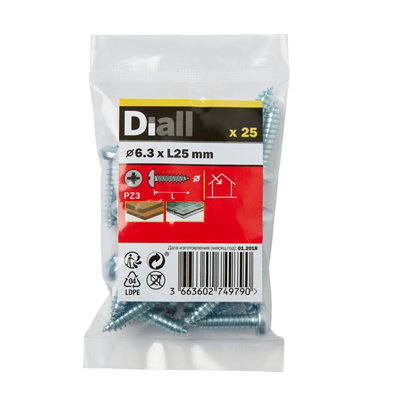 Diall Pozidriv Pan Head Zinc-Plated Carbon Steel Screw (Dia)6.3Mm, Pack Of 25