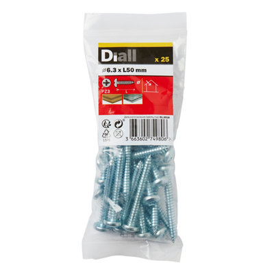 Diall Pozidriv Pan Head Zinc-Plated Carbon Steel Screw (Dia)6.3Mm, Pack Of 25