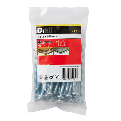 Diall Pozidriv Pan Head Zinc-Plated Carbon Steel Screw (Dia)6.3Mm, Pack Of 25