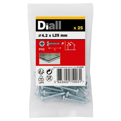 Diall Phillips Pan Head Zinc-Plated Carbon Steel (C1022) Self-Drilling Screw (Dia)4.2Mm (L)25Mm, Pack Of 25