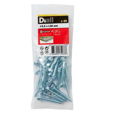 Diall Hex Zinc-Plated Carbon Steel Screw (Dia)5.5Mm (L)38Mm, Pack Of 25