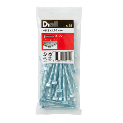 Diall Hex Zinc-Plated Carbon Steel Screw (Dia)5.5Mm (L)50Mm, Pack Of 25