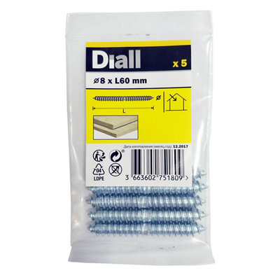 Diall Zinc-Plated Carbon Steel Dowel Screw (Dia)8Mm (L)60Mm, Pack Of 5