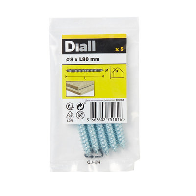 Diall Zinc-Plated Carbon Steel Dowel Screw (Dia)8Mm (L)80Mm, Pack Of 5