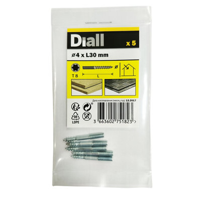 Diall Torx Yellow-Passivated Carbon Steel Dowel Screw (Dia)4Mm (L)30Mm, Pack Of 5