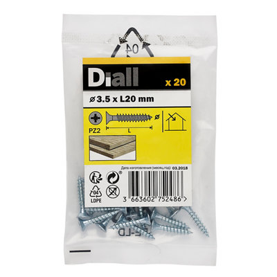 Diall Double-Countersunk Zinc-Plated Carbon Steel Screw (Dia)3.5Mm, Pack Of 20