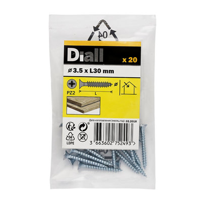 Diall Double-Countersunk Zinc-Plated Carbon Steel Screw (Dia)3.5Mm, Pack Of 20