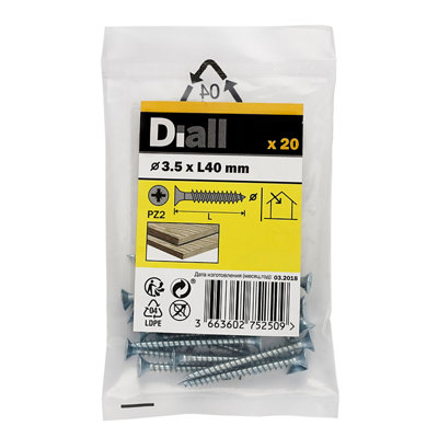 Diall Double-Countersunk Zinc-Plated Carbon Steel Screw (Dia)3.5Mm, Pack Of 20