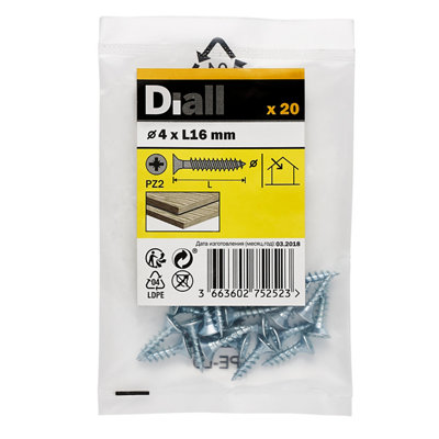 Diall Double-Countersunk Zinc-Plated Carbon Steel Screw (Dia)4Mm, Pack Of 20