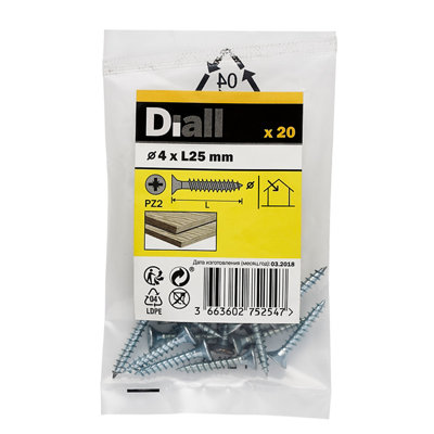 Diall Double-Countersunk Zinc-Plated Carbon Steel Screw (Dia)4Mm (L)25Mm, Pack Of 20