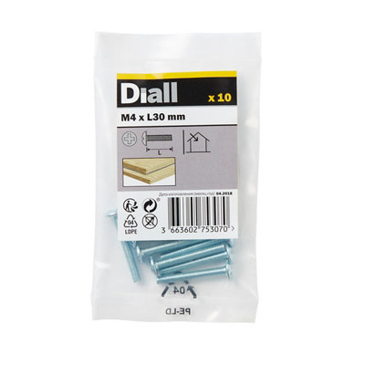 Diall Pan Head Zinc-Plated Carbon Steel Drawer Knob Screw (Dia)4Mm (L)30Mm, Pack Of 10