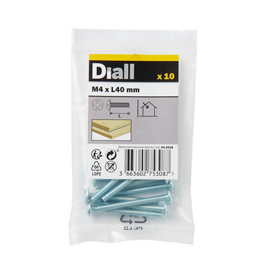 Diall Pan Head Zinc-Plated Carbon Steel Drawer Knob Screw (Dia)4Mm (L)40Mm, Pack Of 10