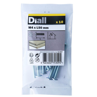 Diall Pan Head Zinc-Plated Carbon Steel Drawer Knob Screw (Dia)4Mm (L)50Mm, Pack Of 10