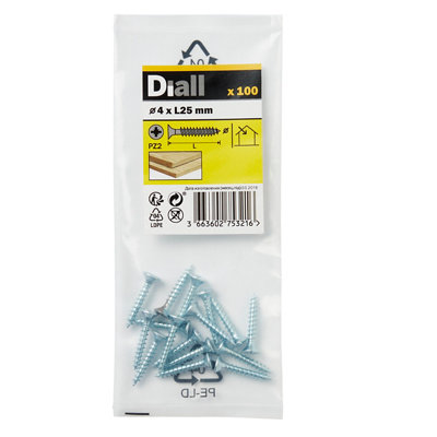 Diall Double-Countersunk Zinc-Plated Carbon Steel Screw (Dia)4Mm (L)25Mm, Pack Of 100