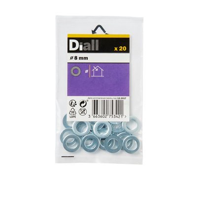 Diall M8 Carbon Steel Small Flat Washer, (Dia)8Mm, Pack Of 20