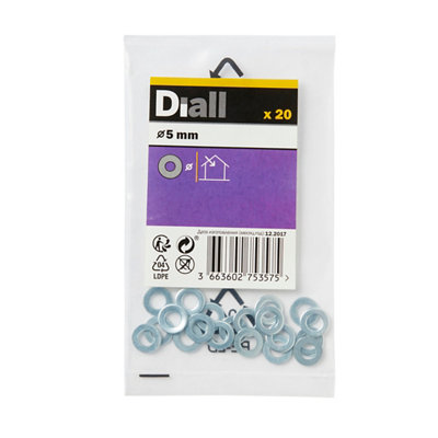 Diall M5 Carbon Steel Medium Flat Washer, (Dia)5Mm, Pack Of 20